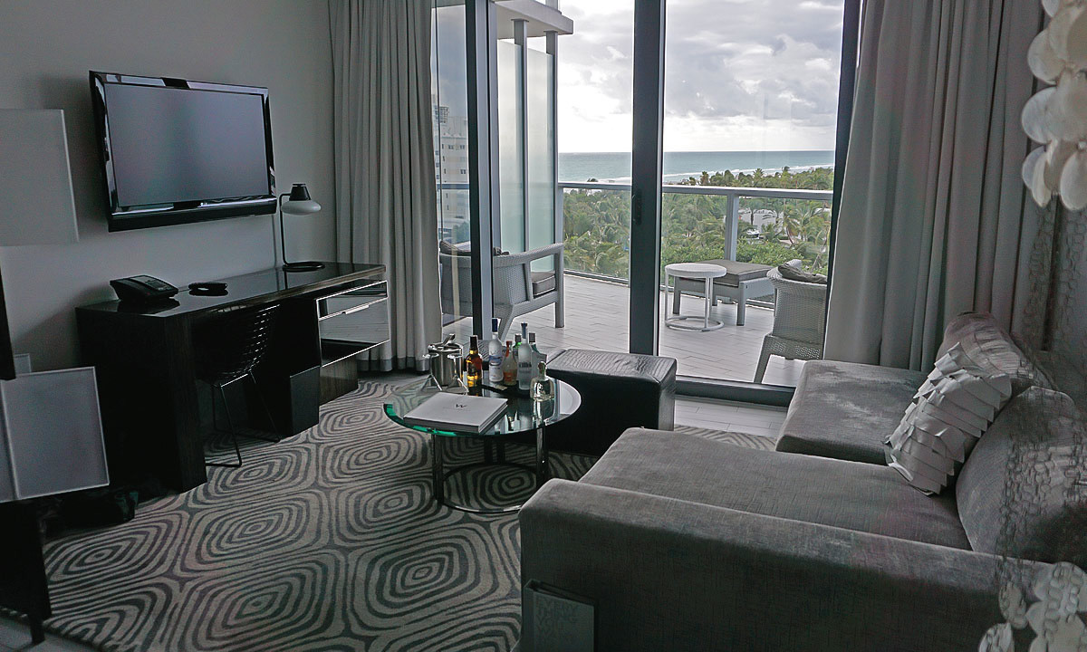 The living area and balcony of our room at the W South Beach